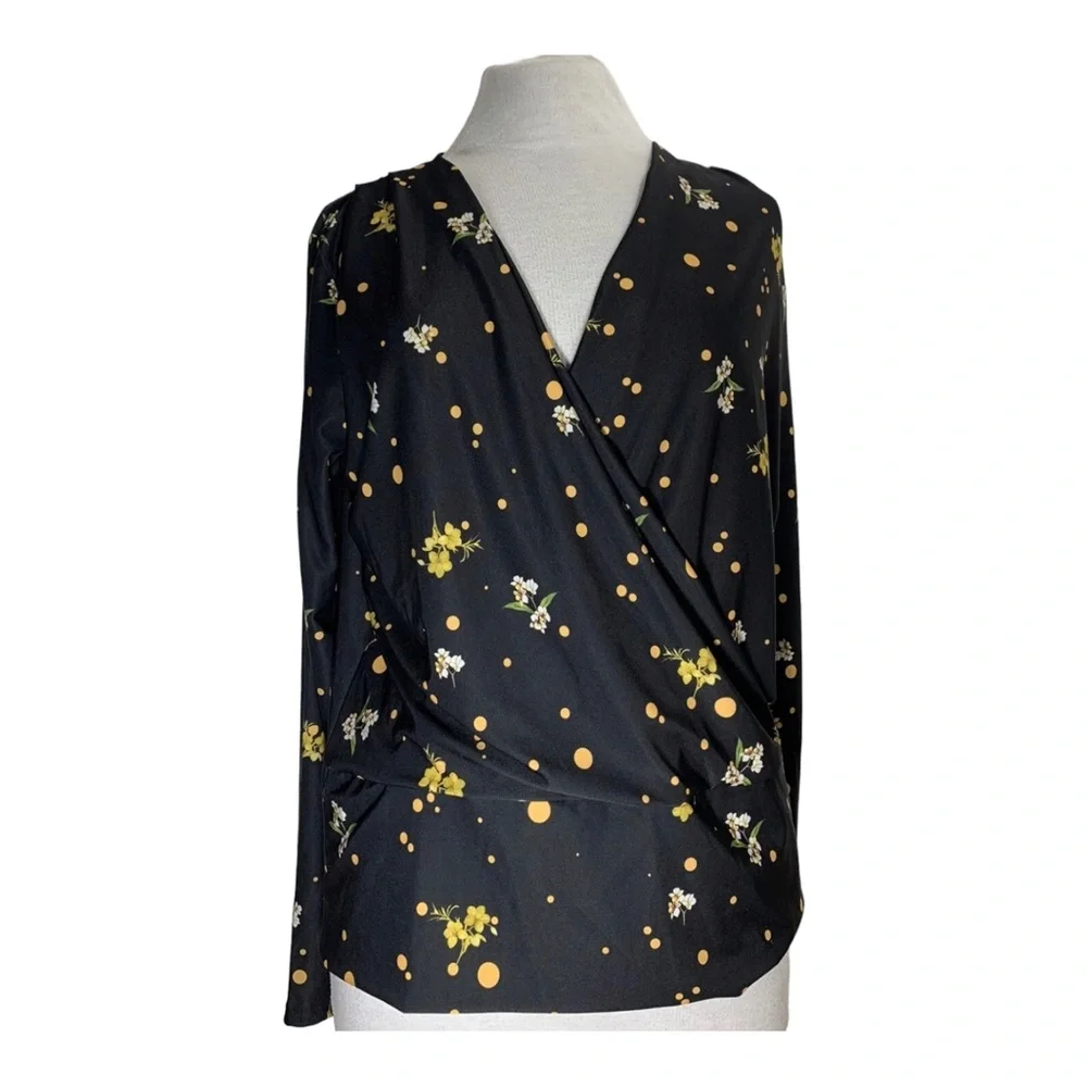 Dorothy Perkins Floral Blouse Top Long Sleeves Black Wrap Front Stretch UK 12 - Picture 6 of 15